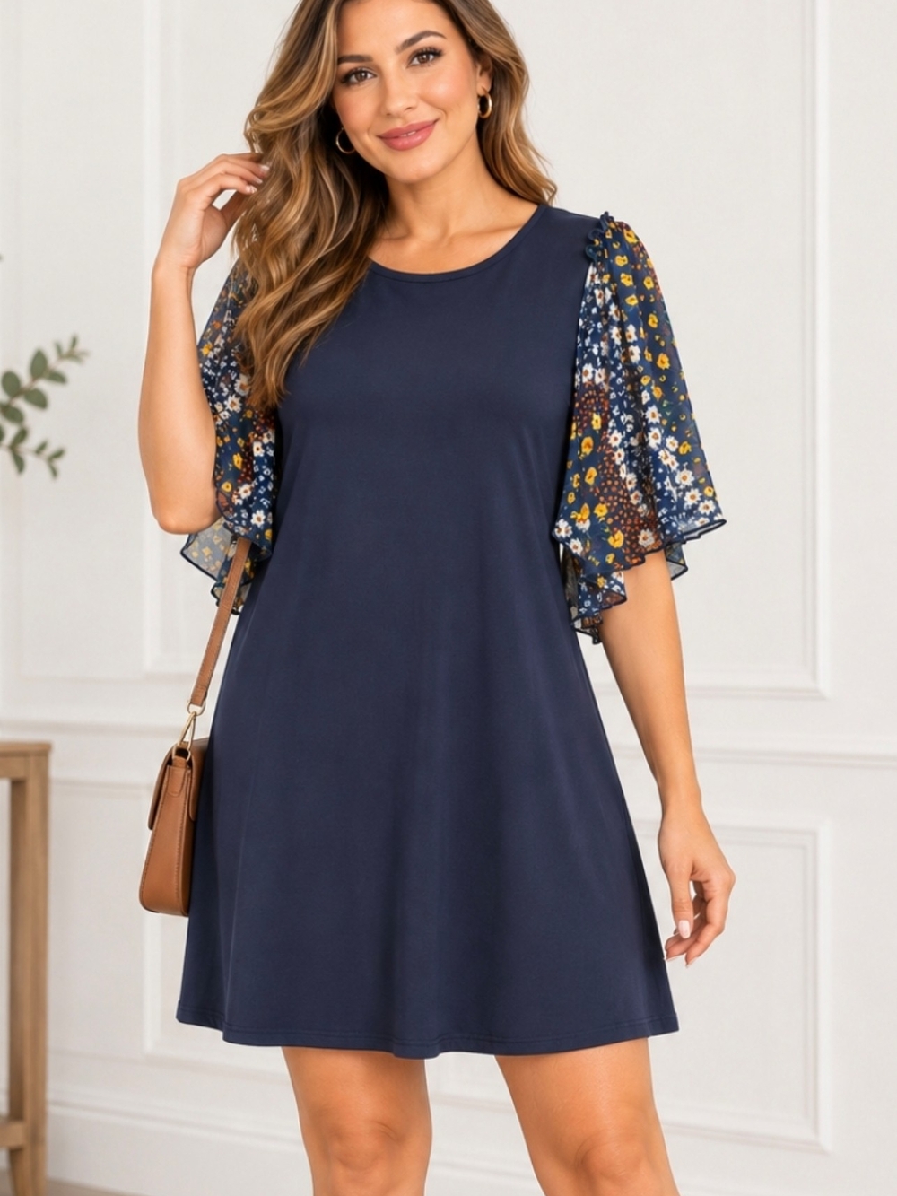 Cha Cha Vente Large Navy Blue Floral Flutter Sleeve Swing Dress Women’s L